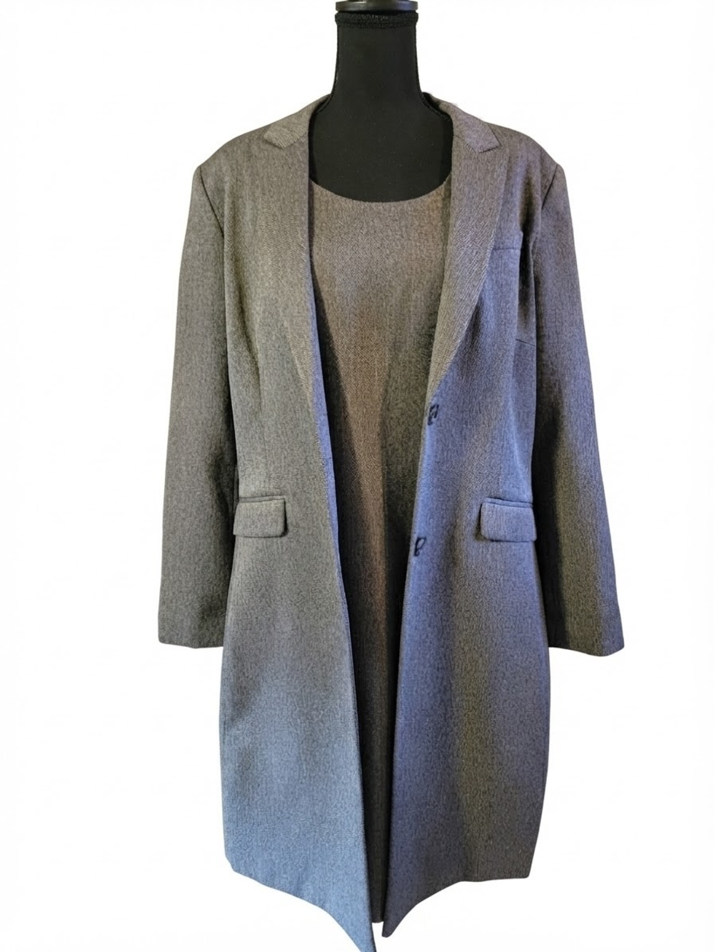 Two-piece womens dress set. Classic Women's Grey Open-Front Coat
